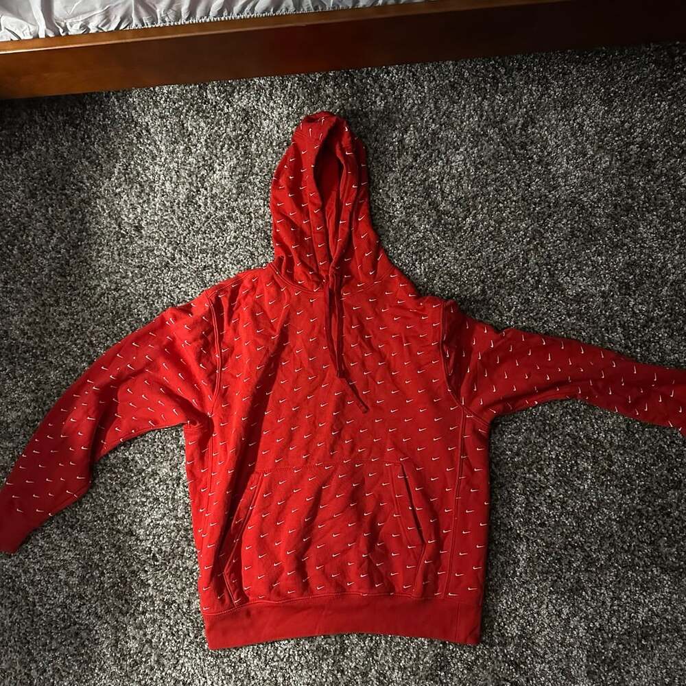 Nike All-Over Swoosh Print Pullover Hoodie Red White CJ5405-657